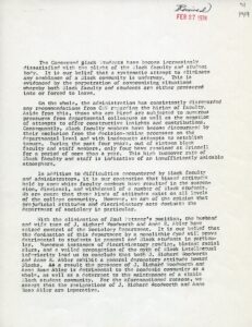 This is a memo published by CBS advocating for institutional change in the hiring process of Black professors at Grinnell and that the college should provide resources to adequately retain professors. Published February 27th, 1974.